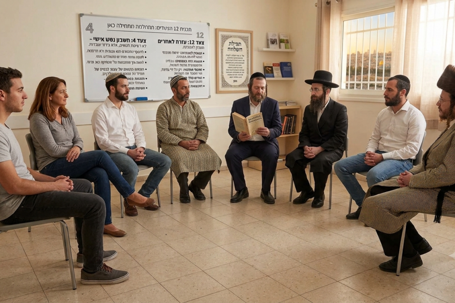 המחשה של קבוצה של סקסוהוליסטים בפגישה של SA לגמילה מהתמכרות למין, אוננות ופורנו